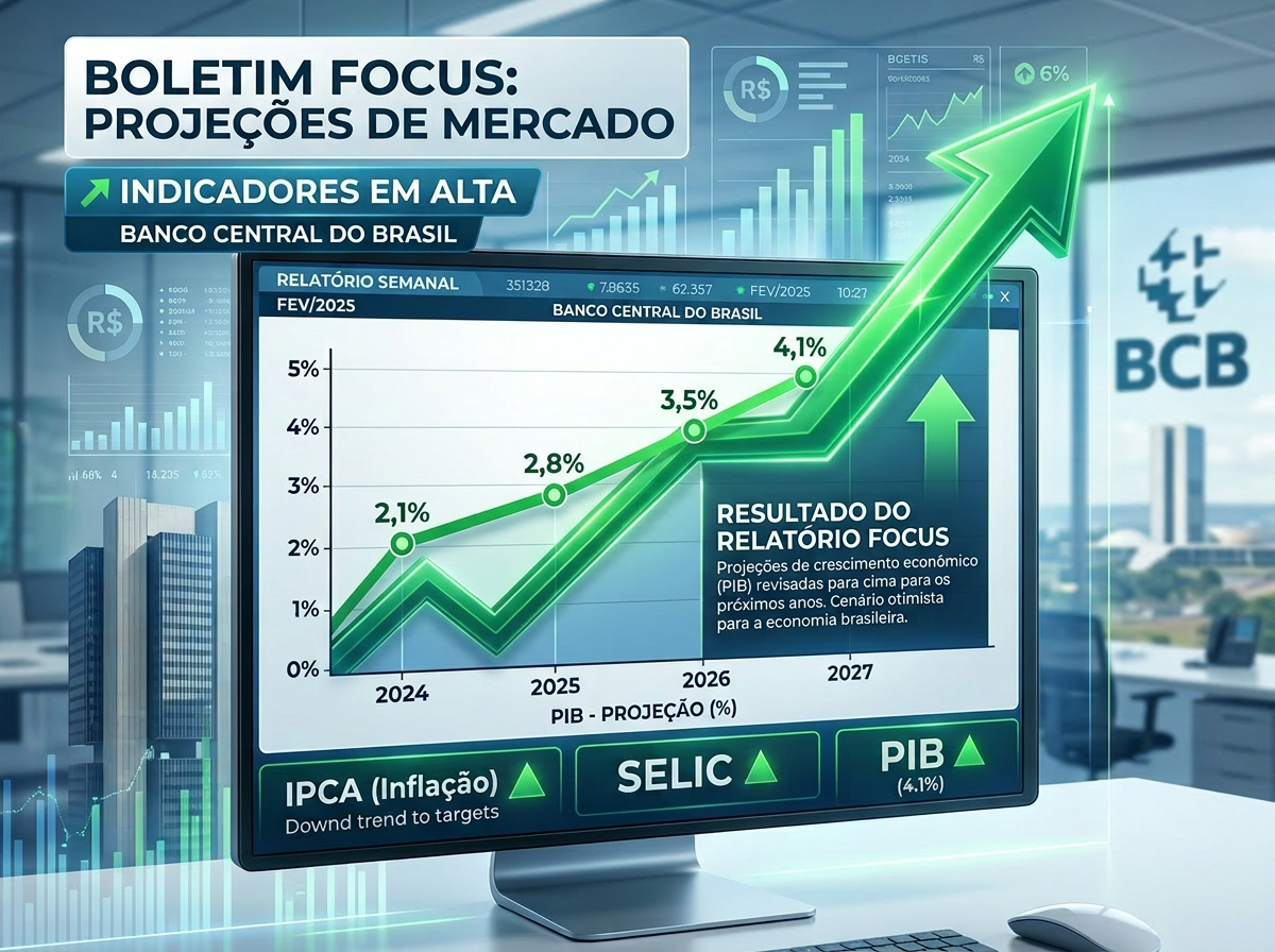Graph showing Brazil's GDP growth projections from 2.1% in 2024 to 4.1% in 2027 with rising trends for GDP and decreasing trends for inflation and SELIC